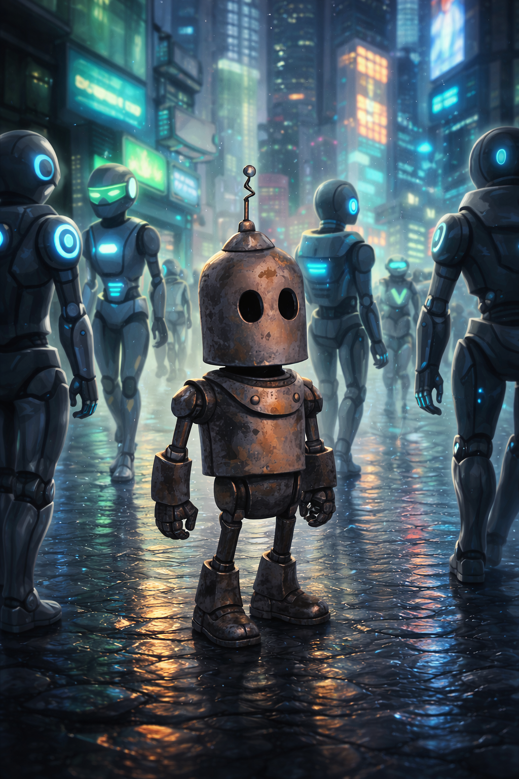 Robert in einer modernen Stadt umgeben von moderneren Roboter-Modellen